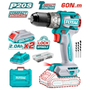 Taladro Percutor inalambrico 20V BL 2000 rpm INDUSTRIAL TOTAL TIDLI20602-4 (MALETIN, CARGADOR, Y 2 BATERIAS)